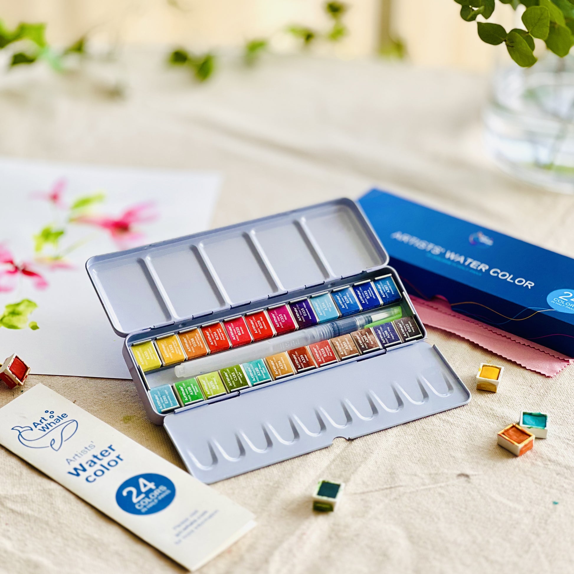Watercolor Paint Set 24 Colors in Half-Pans|Tin Box & Waterbrush
