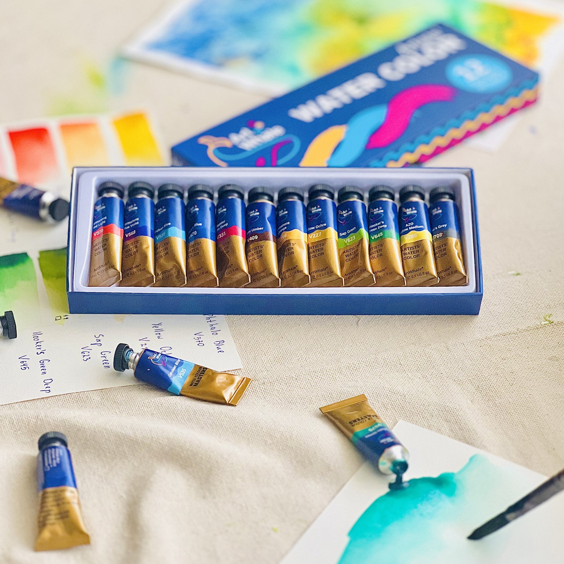 Art Whale Watercolor Paint Set, 12 Colors, 15ml/0.5oz Tubes, High-Pigment, Smooth Blending