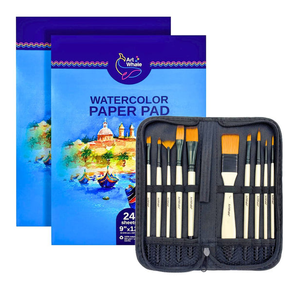 Art Whale Paint Brush Set & Watercolor Paper Bundle – 10 Synthetic Brushes in Case + 2 Cold Press Paper Pads (48 Sheets), Heavyweight Textured Paper for Watercolor, Acrylic & Gouache