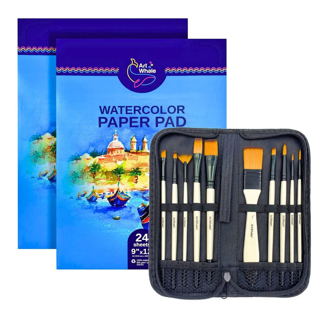 Art Whale Brush & Paper Bundle – 10 Paint Brushes & 2 Paper Pads (48 Sheets)