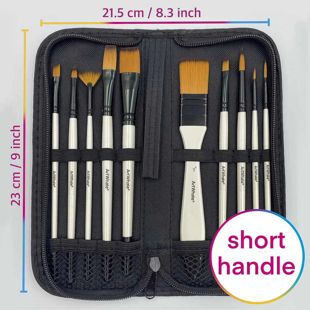 Art Whale Paint Brush Set – 10 Pieces for Acrylic, Oil & Watercolor, Synthetic Nylon