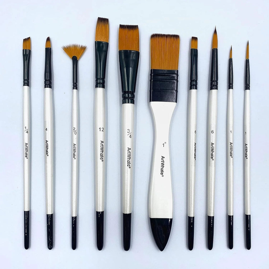 Art Whale Paint Brush Set – 10 Pieces for Acrylic, Oil & Watercolor, Synthetic Nylon