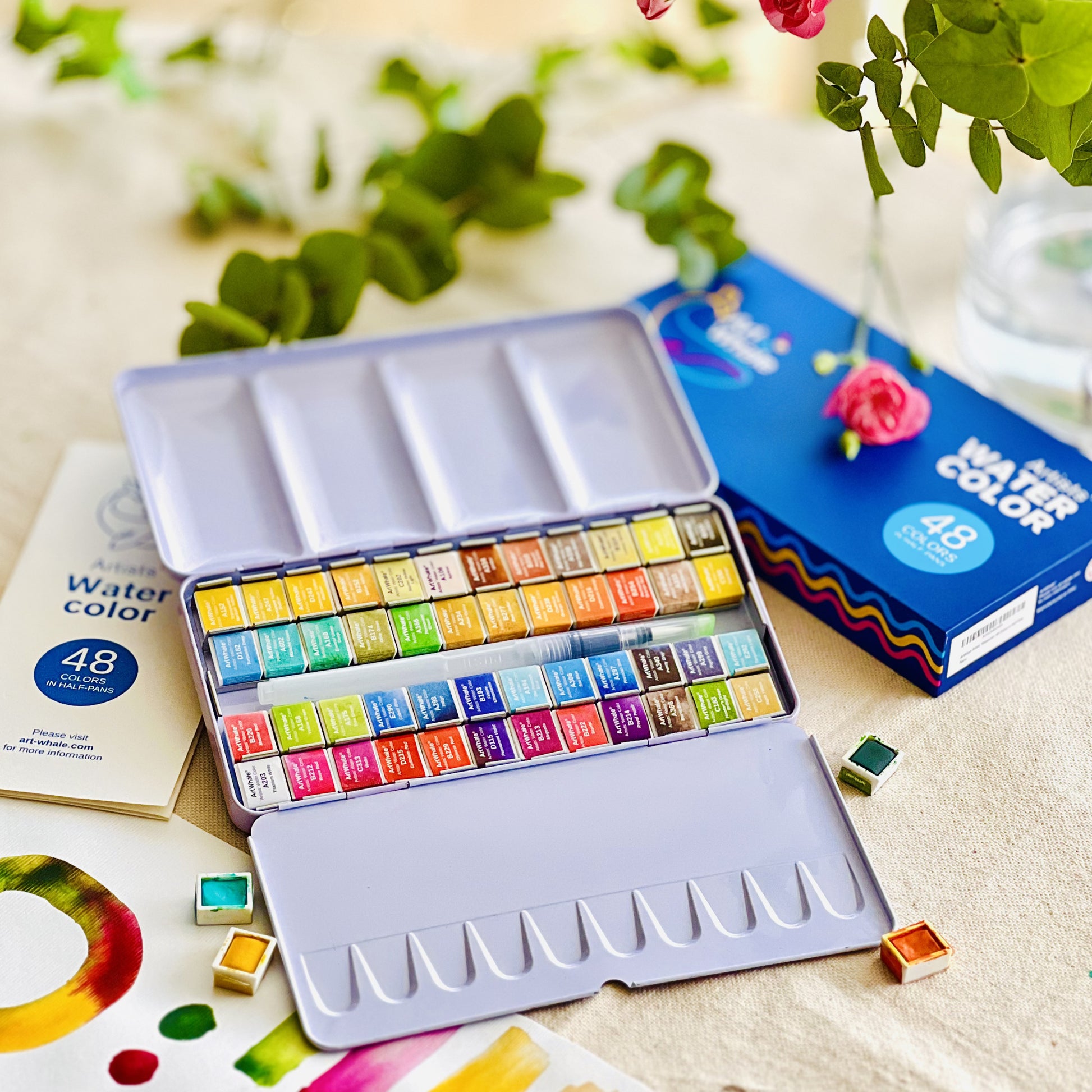 Watercolor Paint Set 48 Colors in Half-Pans|Tin Box&Waterbrush