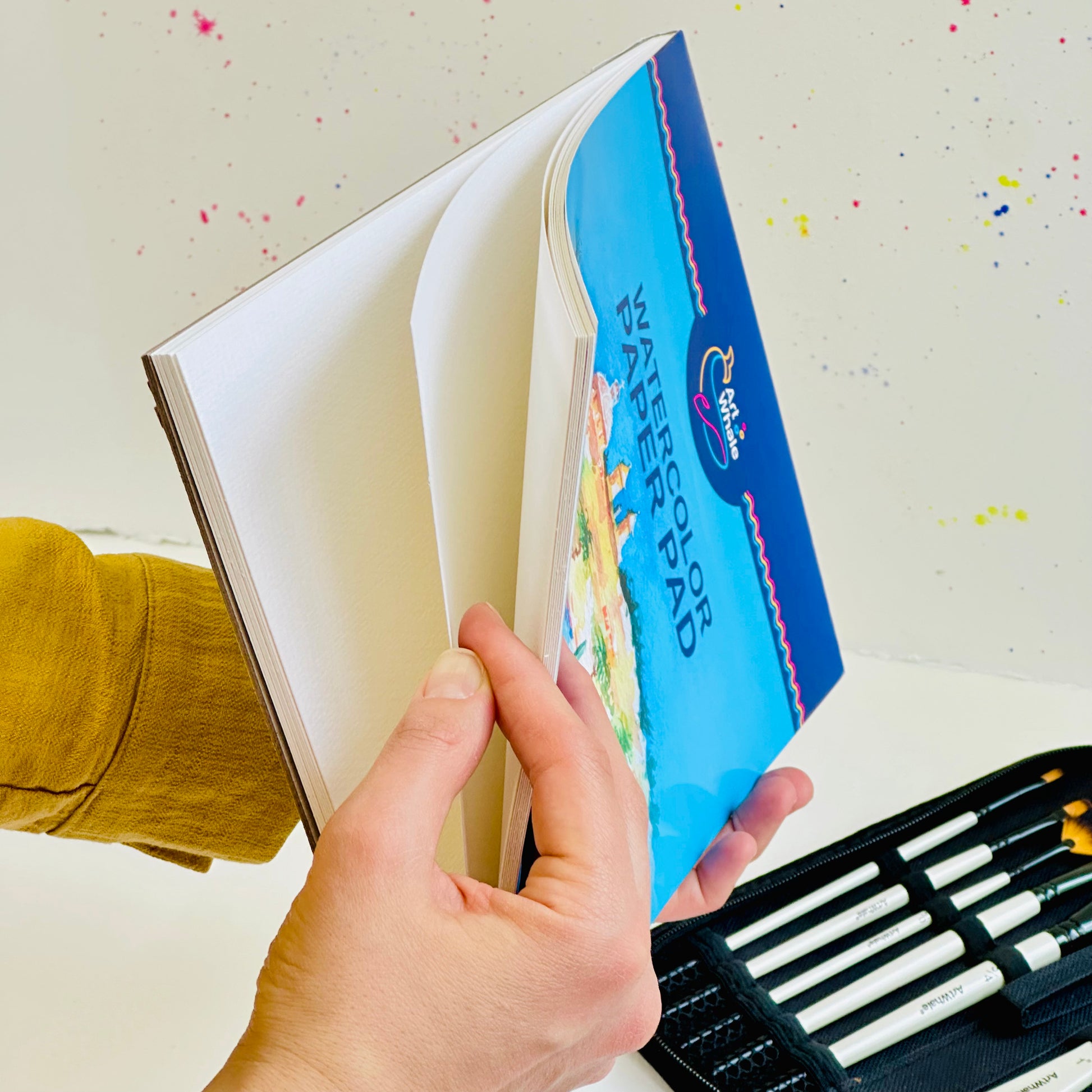 Art Whale Paint Brush Set & Watercolor Paper Bundle – 10 Synthetic Brushes in Case + 2 Cold Press Paper Pads (48 Sheets), Heavyweight Textured Paper for Watercolor, Acrylic & Gouache