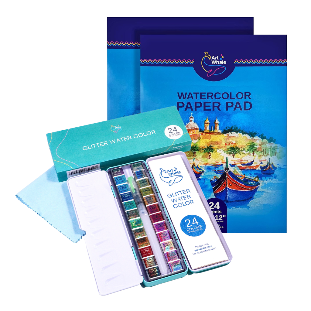 Art Whale Metallic Watercolor Painting Bundle – 24 Color Metallic Watercolor Paint Set & 2 Cold Press Watercolor Paper Pads (48 Sheets), Complete Art Kit