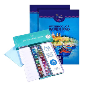 Art Whale Glitter Watercolor Bundle – 24 Color Paint Set & 2 Paper Pads (48 Sheets)