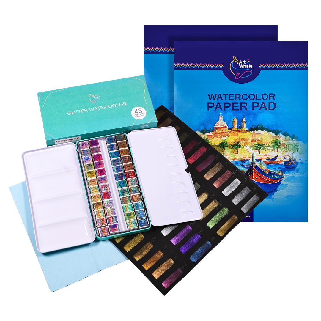 Art Whale Metallic Watercolor Painting Bundle – 48 Color Metallic Watercolor Paint Set & 2 Cold Press Watercolor Paper Pads (48 Sheets), Complete Art Kit