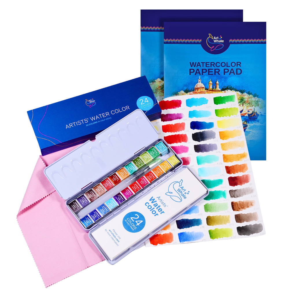 Art Whale Watercolor Painting Bundle – 24 Color Watercolor Paint Set & 2 Cold Press Watercolor Paper Pads (48 Sheets), Complete Watercolor Art Kit