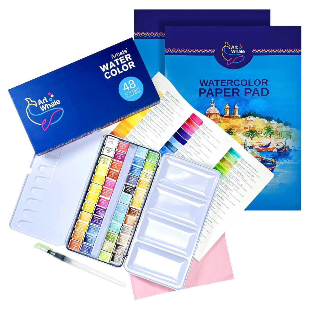 Art Whale Watercolor Painting Bundle – 48 Color Watercolor Paint Set & 2 Cold Press Watercolor Paper Pads (48 Sheets), Complete Watercolor Art Kit