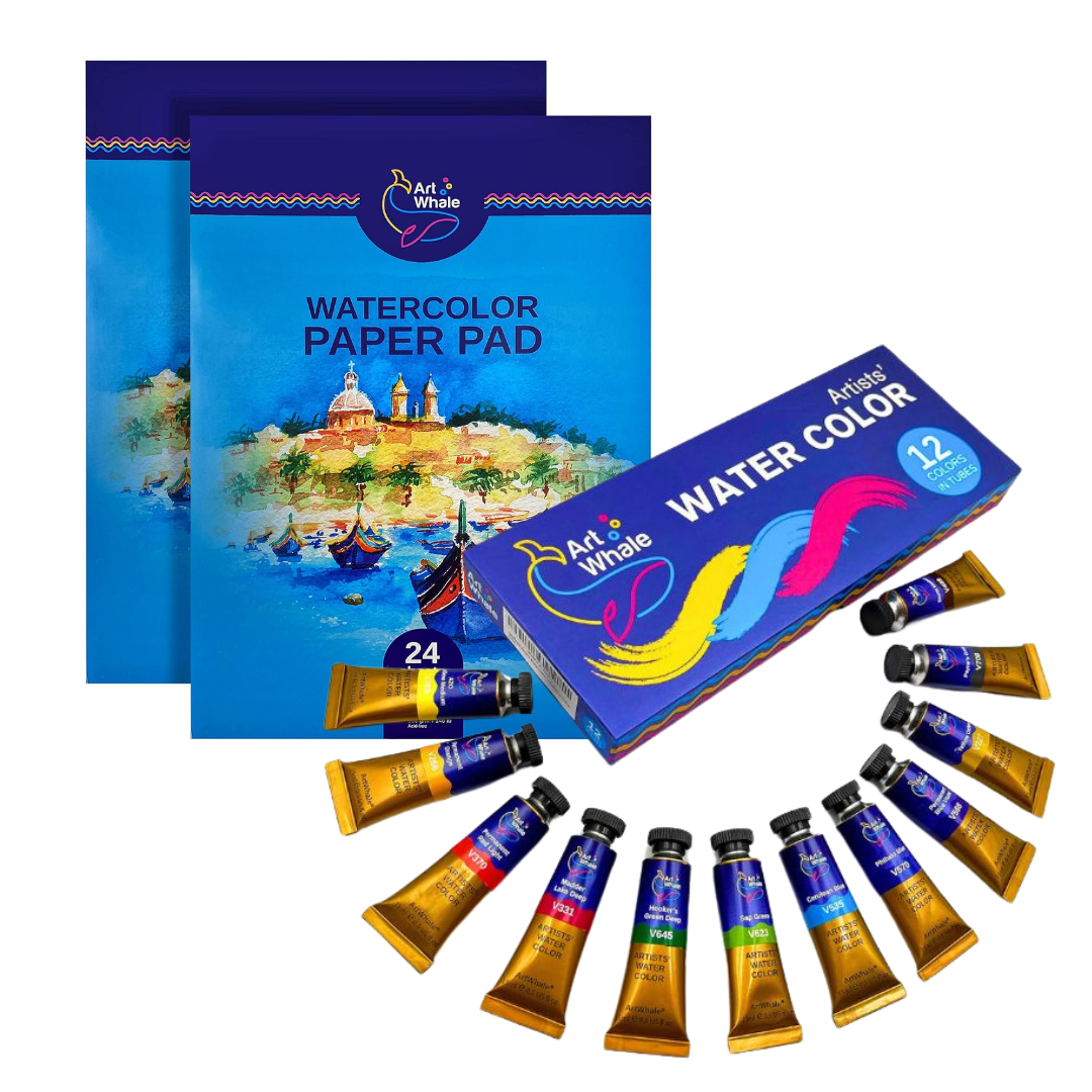 Art Whale Watercolor Painting Bundle – 12 Color Watercolor Paint Set in Tubes & 2 Cold Press Watercolor Paper Pads (48 Sheets), Complete Watercolor Art Set
