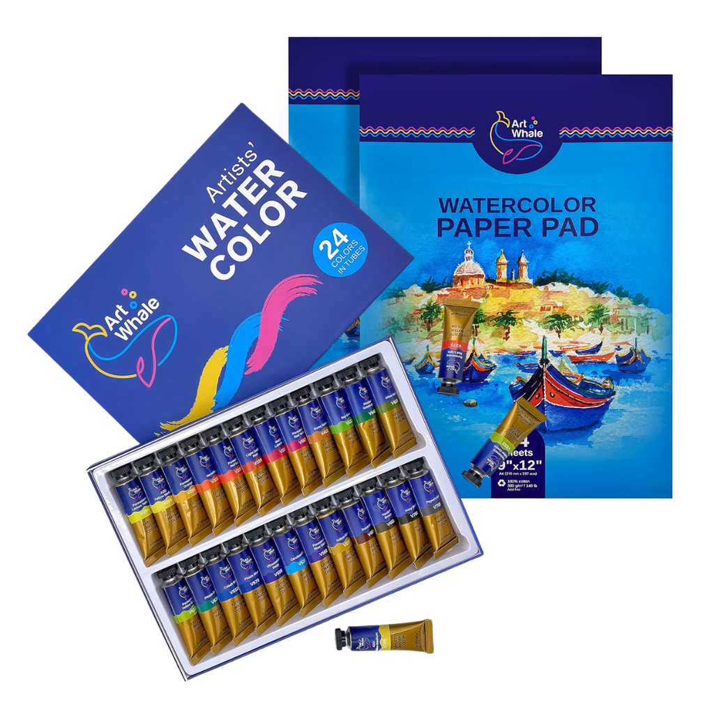 Art Whale Watercolor Painting Bundle – 24 Color Watercolor Paint Set in Tubes & 2 Cold Press Watercolor Paper Pads (48 Sheets), Complete Watercolor Art Set