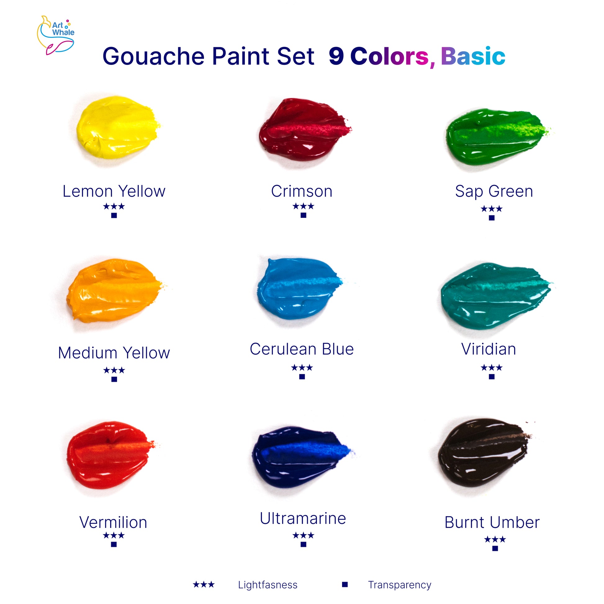 Art Whale Gouache Paint Set – 9 Basic Colors in 50ml Cups with Lids, Refillable