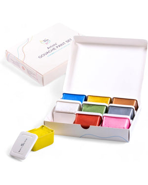 Art Whale Gouache Paint Set – 9 Metallic Colors in 50ml Cups with Lids, Refillable