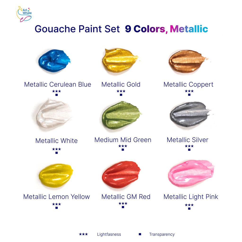 Art Whale Gouache Paint Set – 9 Metallic Colors in 50ml Cups with Lids, Refillable