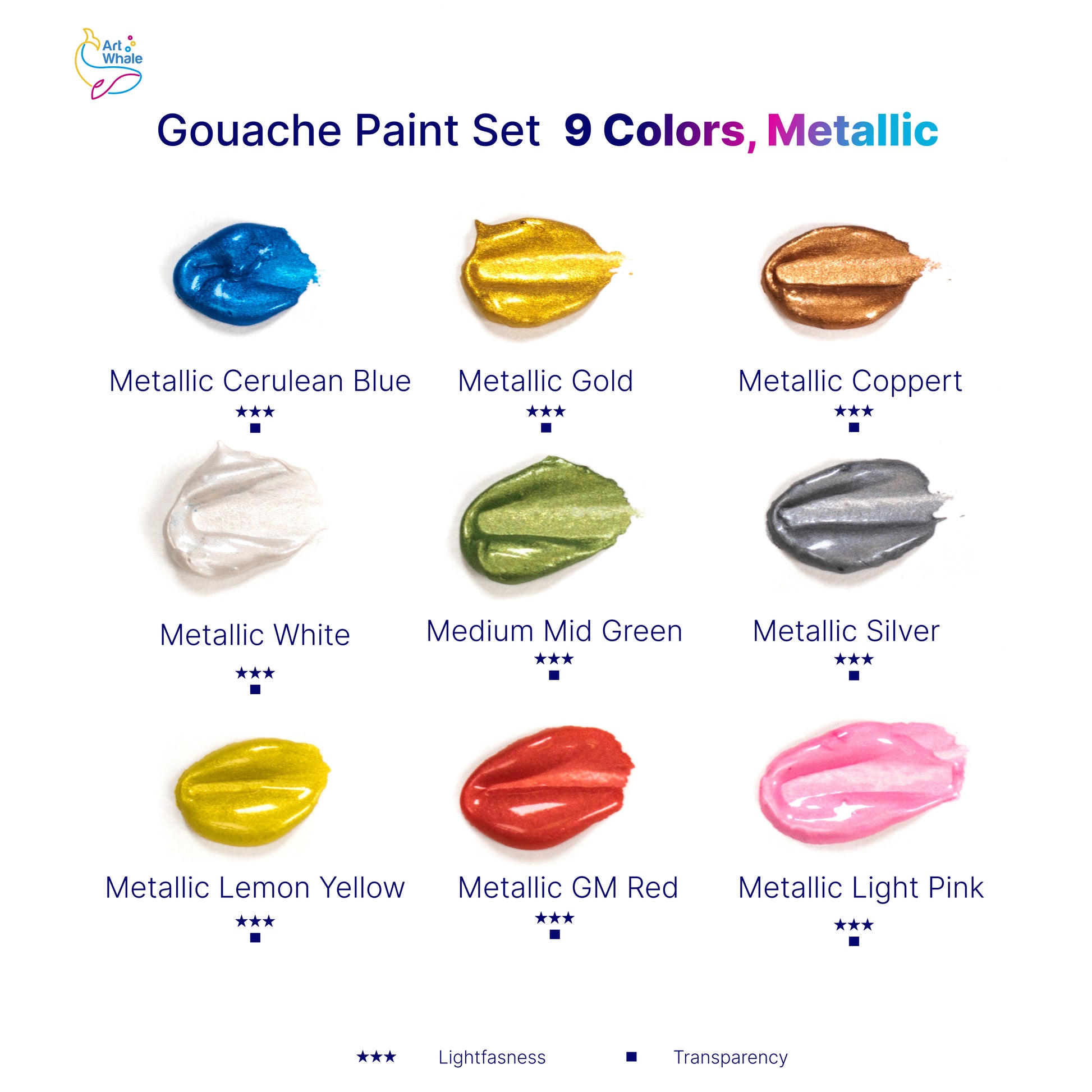 Art Whale Gouache Paint Set – 9 Metallic Colors in 50ml Cups with Lids, Refillable