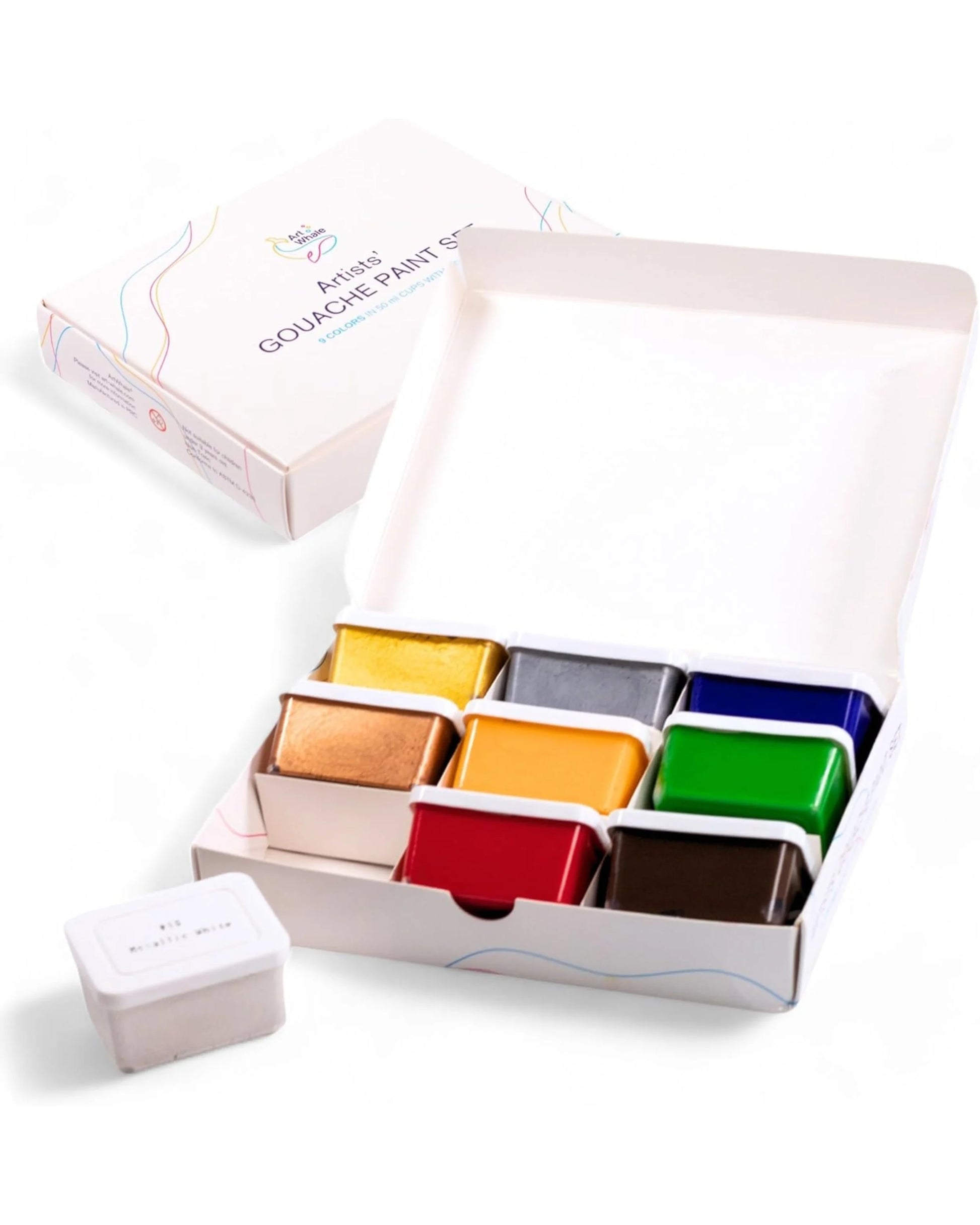 Art Whale Gouache Paint Set – 9 Mix Colors in 50ml Cups with Lids, Refillable