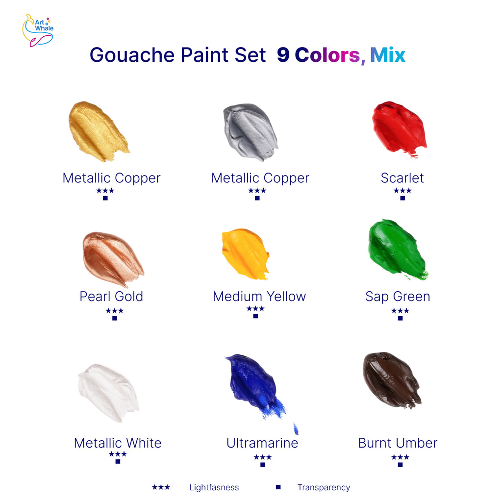 Art Whale Gouache Paint Set – 9 Mix Colors in 50ml Cups with Lids, Refillable