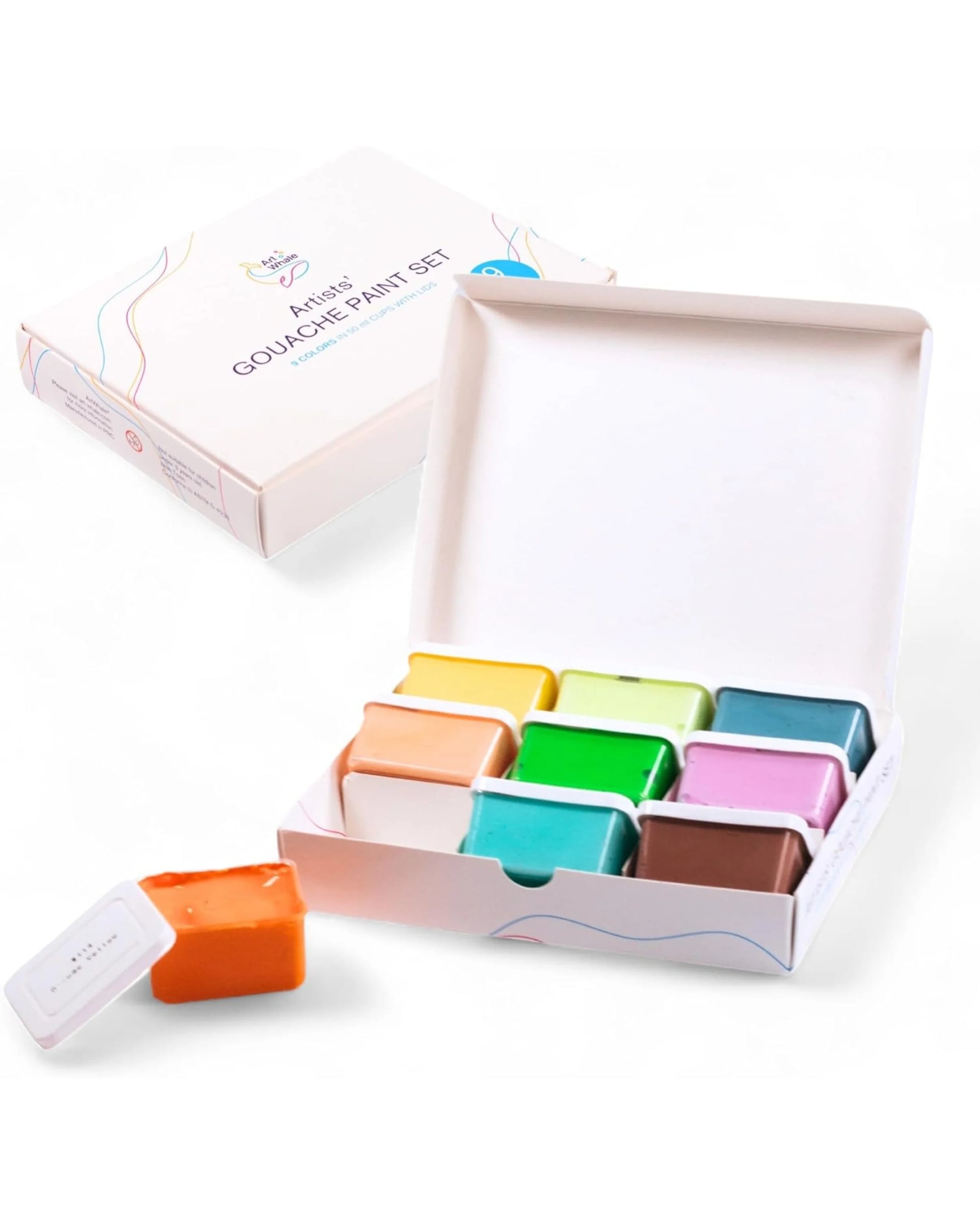 Art Whale Gouache Paint Set – 9 Metallic Colors in 50ml Cups with Lids, Refillable
