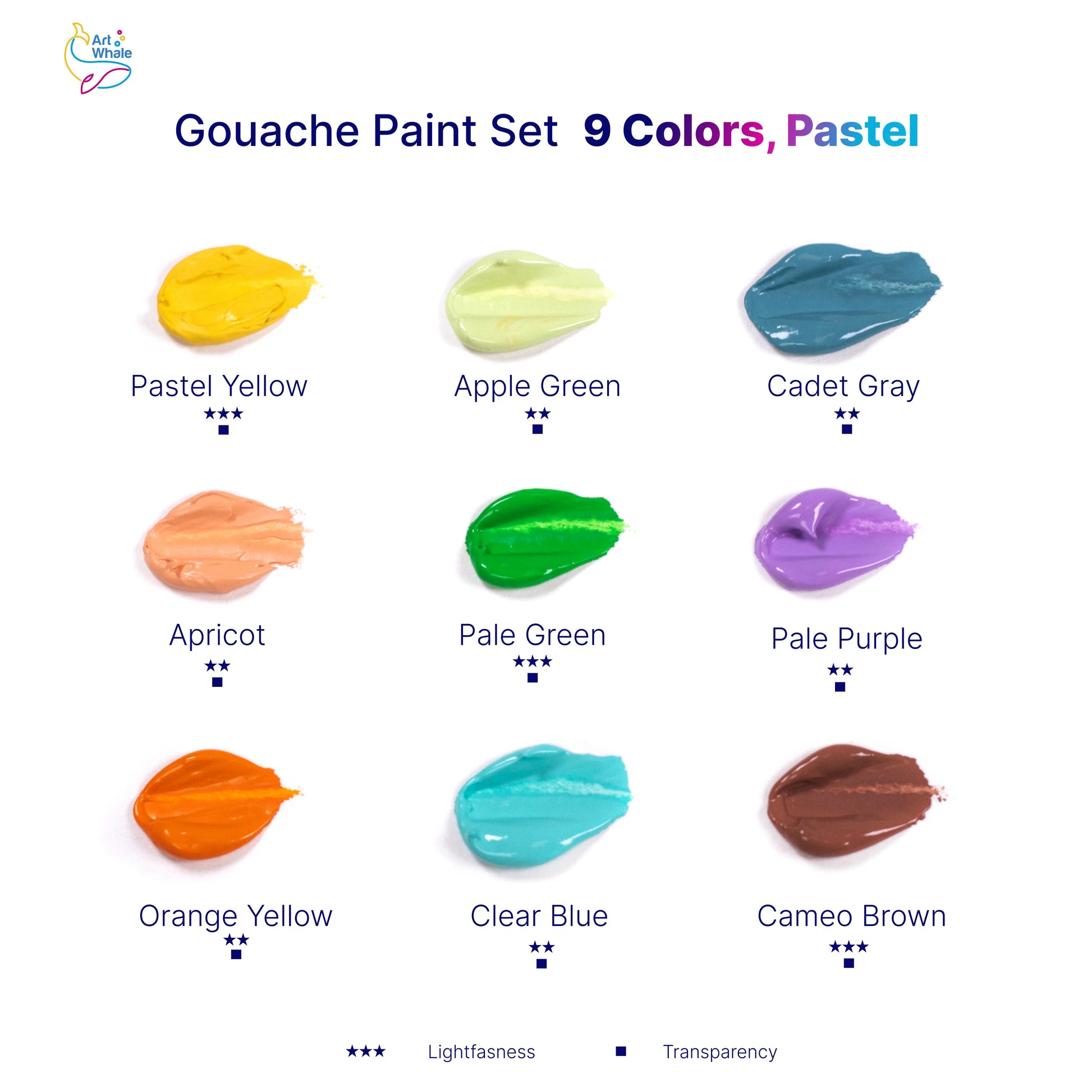Art Whale Gouache Paint Set – 9 Pastel Colors in 50ml Cups with Lids, Refillable