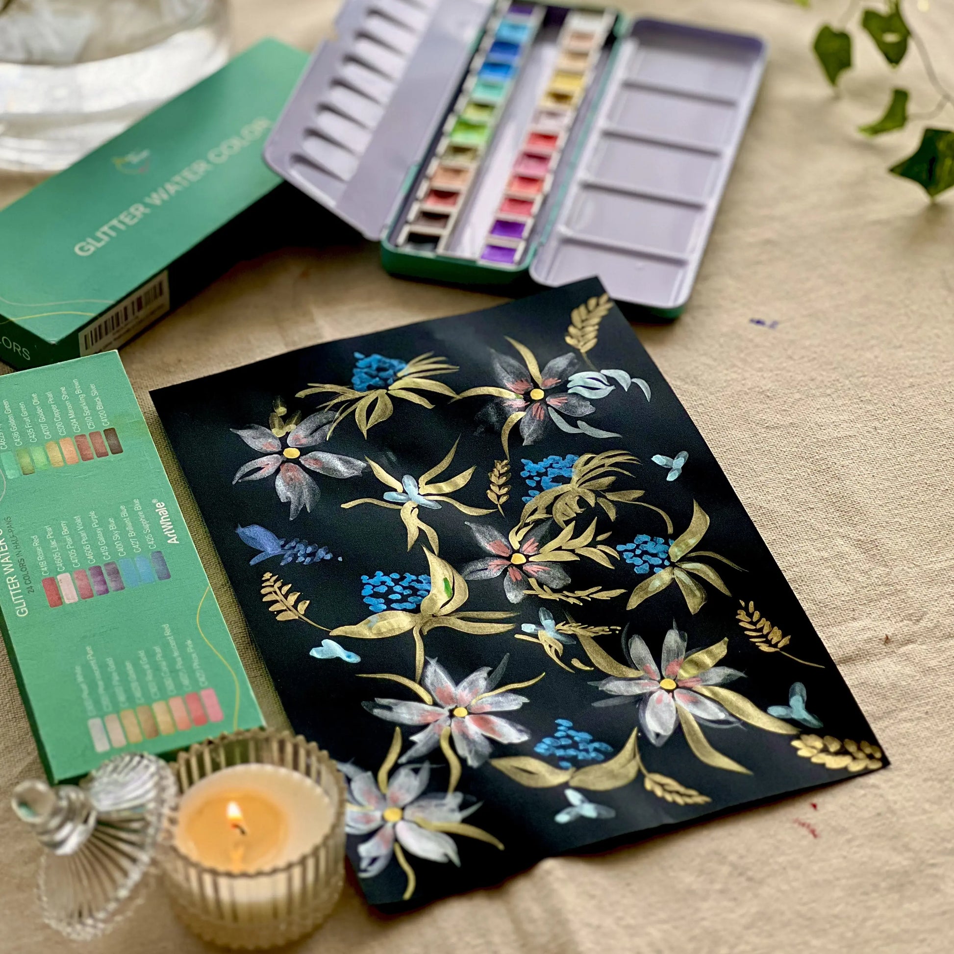 Art Whale Glitter Watercolor Paint Set – 24 Colors in Half Pans, Tin Box with Water Brush, Multi-Effect