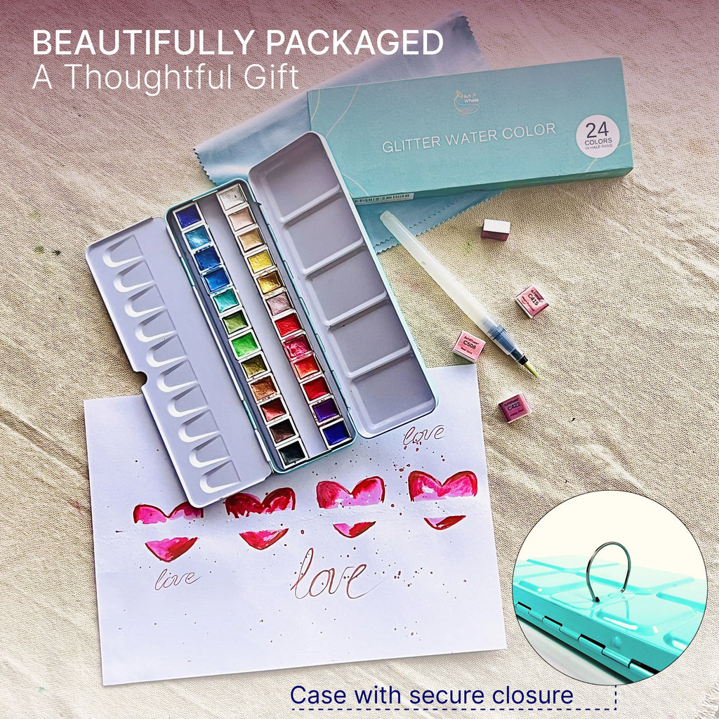 Art Whale Glitter Watercolor Bundle – 24 Color Paint Set & 2 Paper Pads (48 Sheets)