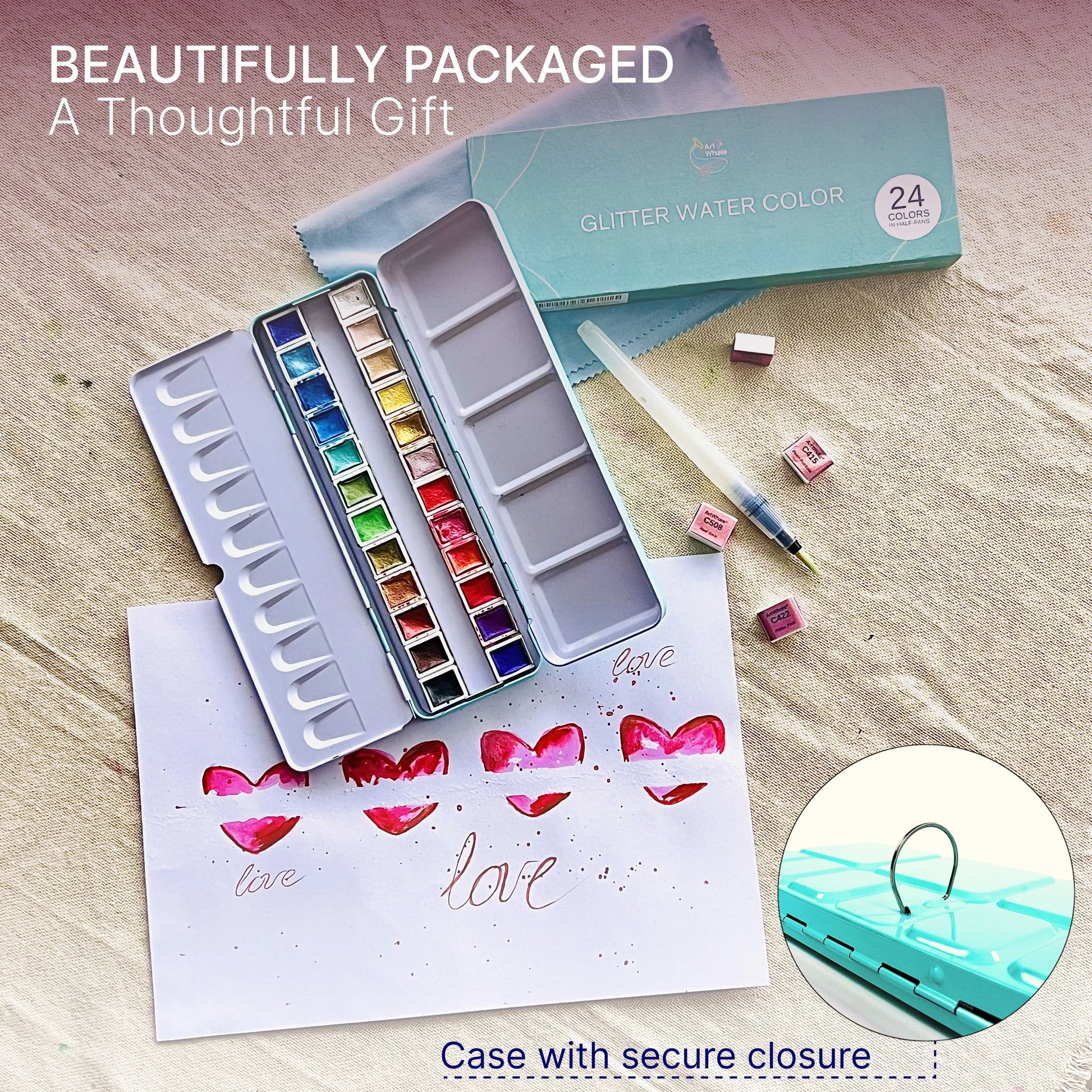 Art Whale Glitter Watercolor Paint Set – 24 Colors in Half Pans, Tin Box with Water Brush, Multi-Effect
