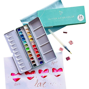 Art Whale Glitter Watercolor Paint Set – 24 Colors in Half Pans, Tin Box with Water Brush, Multi-Effect