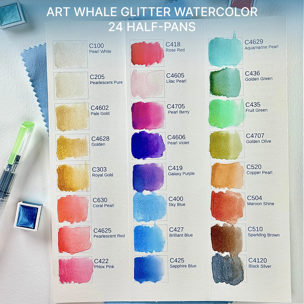 Art Whale Glitter Watercolor Paint Set – 24 Colors in Half Pans, Tin Box with Water Brush, Multi-Effect