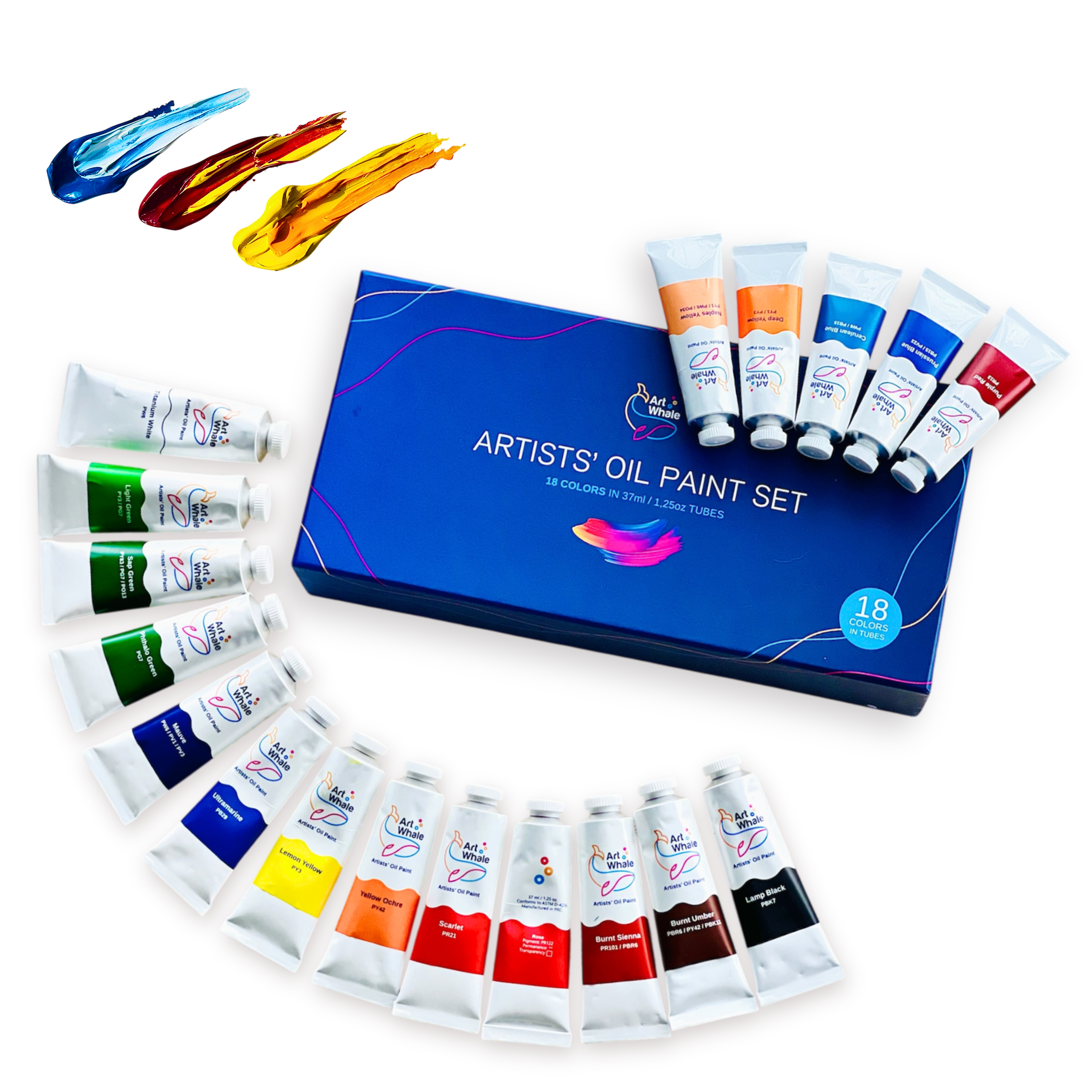 Oil Paint Set 18 Colors – Art Whale 37ml (1.25oz) Large Tubes, High Pigment Oil Paints for Canvas, Smooth Blending, Rich Basic Colors