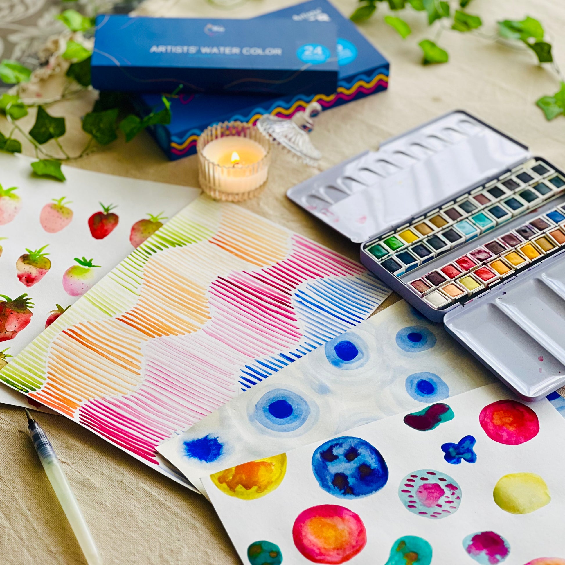 Watercolor Paint Set 24 Colors in Half-Pans|Tin Box & Waterbrush