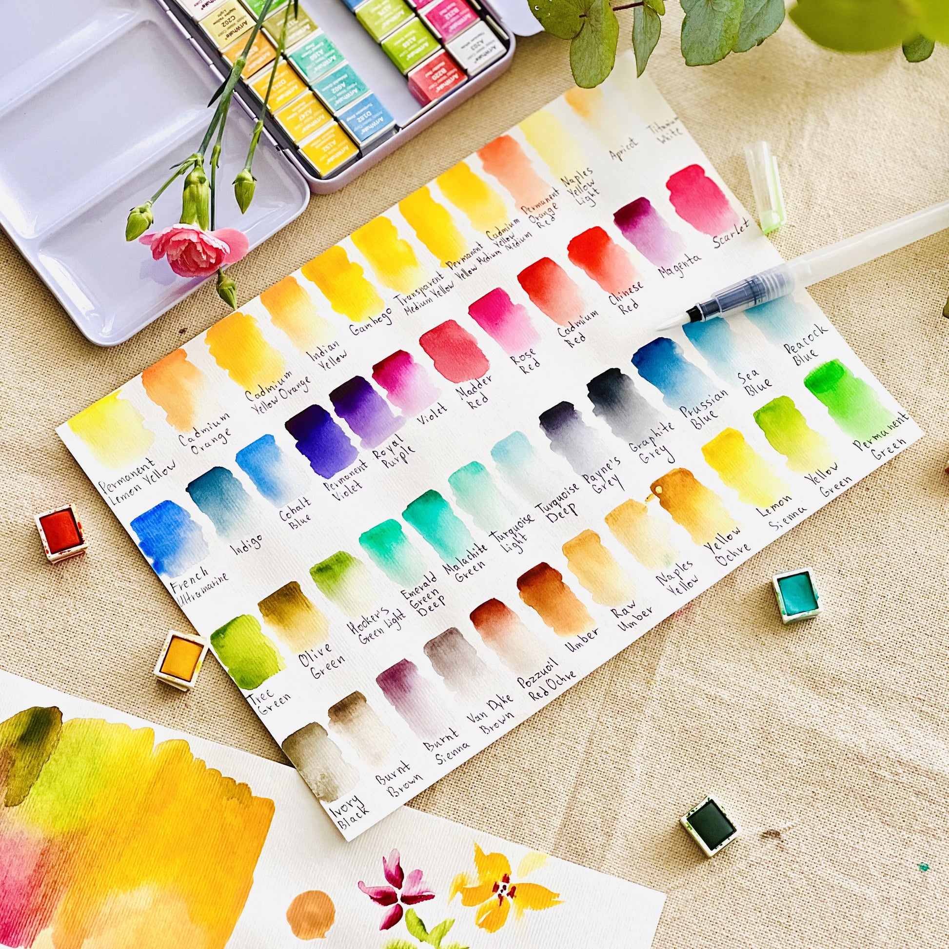 Watercolor Paint Set 48 Colors in Half-Pans|Tin Box&Waterbrush