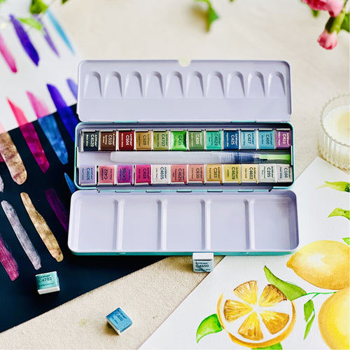 Art Whale Glitter Watercolor Painting Bundle – 24 Color Glitter Watercolor Set, 10 Paint Brushes in Case & 2 Cold Press Watercolor Paper Pads (48 Sheets), Complete Art Set