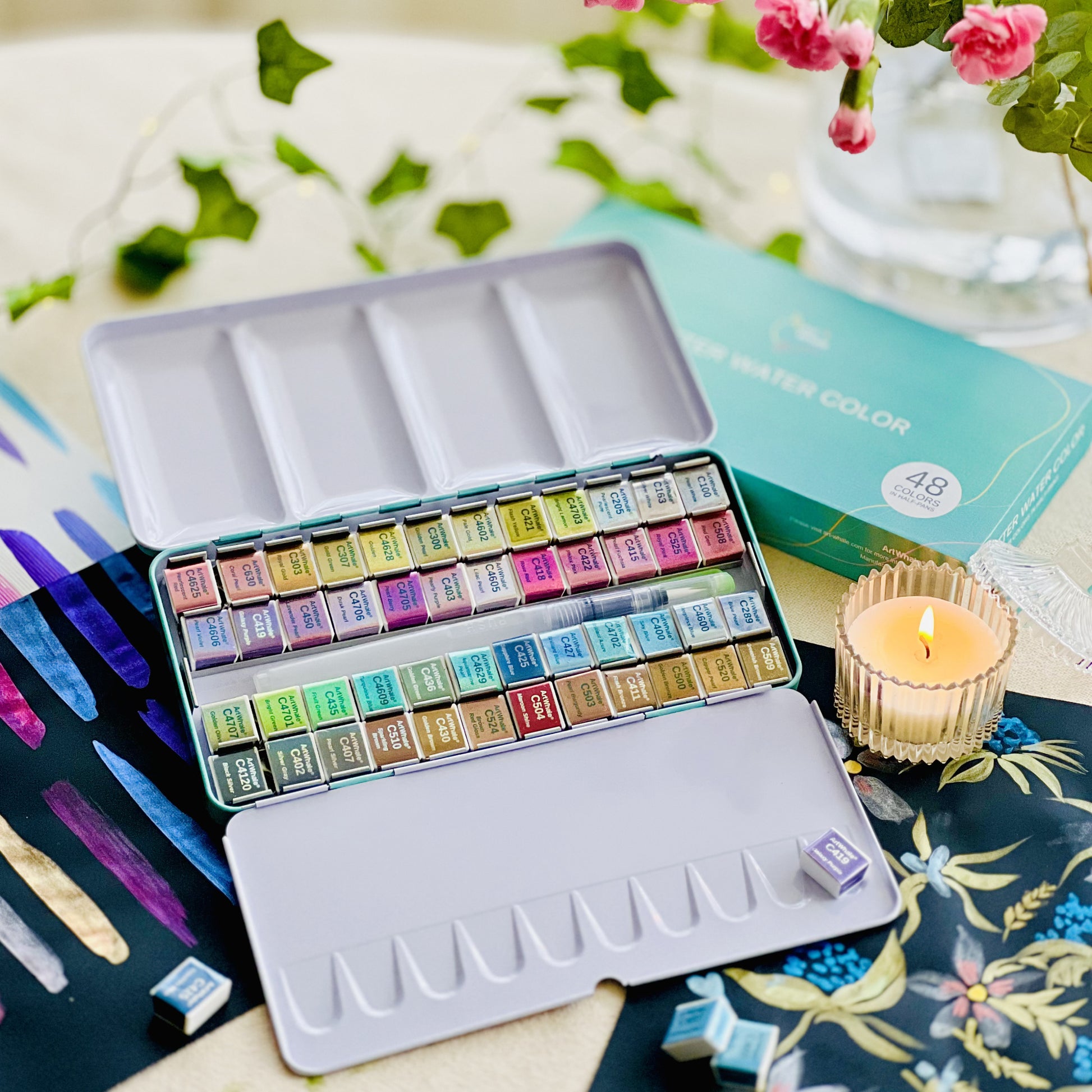 Watercolor Paint Set 24 Colors in Half-Pans|Tin Box & Waterbrush