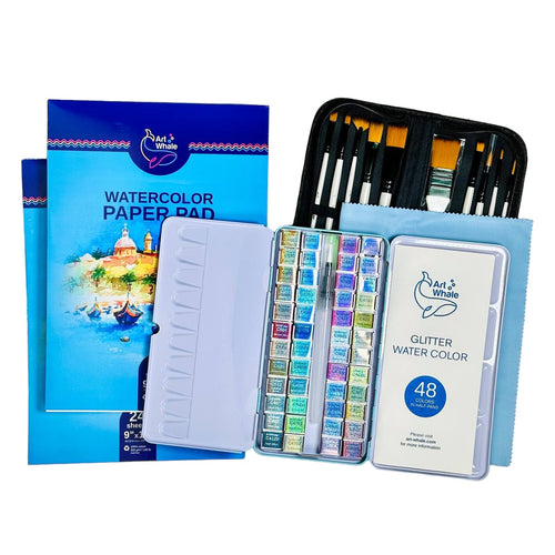 Art Whale Glitter Watercolor Painting Bundle – 48 Color Glitter Watercolor Set, 10 Paint Brushes in Case & 2 Cold Press Watercolor Paper Pads (48 Sheets), Complete Art Set