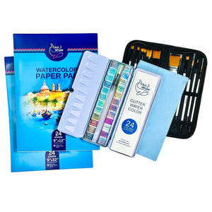 Art Whale Glitter Watercolor Bundle – 24 Glitter Watercolor Set, Brushes & 2 Paper Pads (48 Sheets)