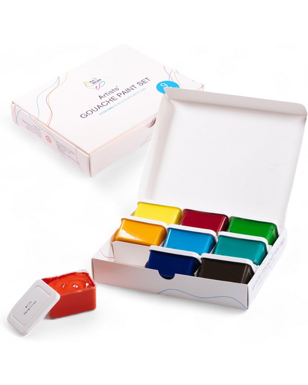 Gouache Paint Set Basic 9 Colors – Art Whale 50ml Cups with Lids, High-Pigment Gouache, Refillable, Smooth Blending, Non-Toxic, Beginner & Family Friendly