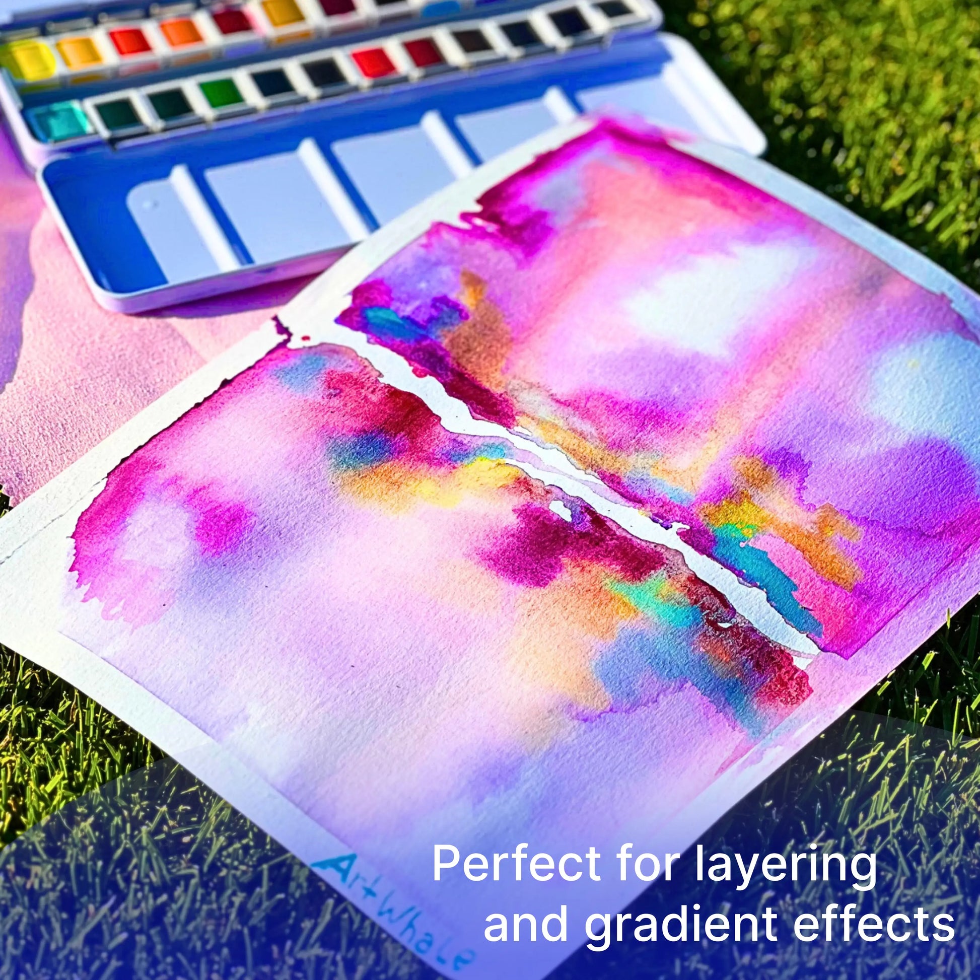 Art Whale Watercolor Paint Set – 24 Colors in Half Pans, Tin Box with Water Brush, High Pigment