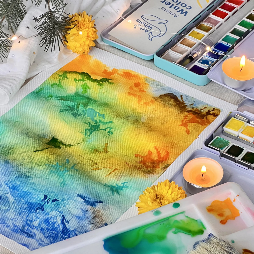 Art Whale Watercolor Paint Set – 24 Colors in Half Pans, Tin Box with Water Brush, High Pigment