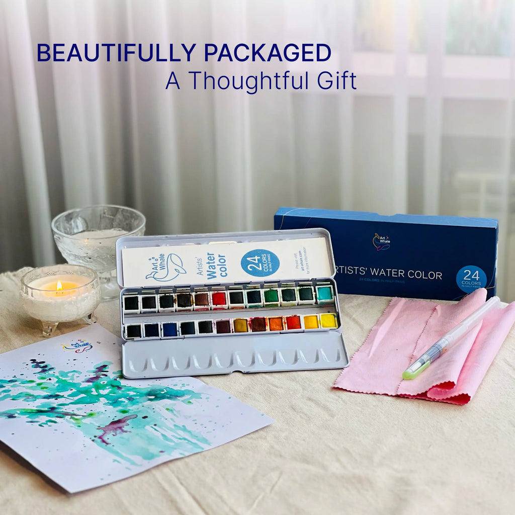 Art Whale Watercolor Paint Set – 24 Colors in Half Pans, Tin Box with Water Brush, High Pigment