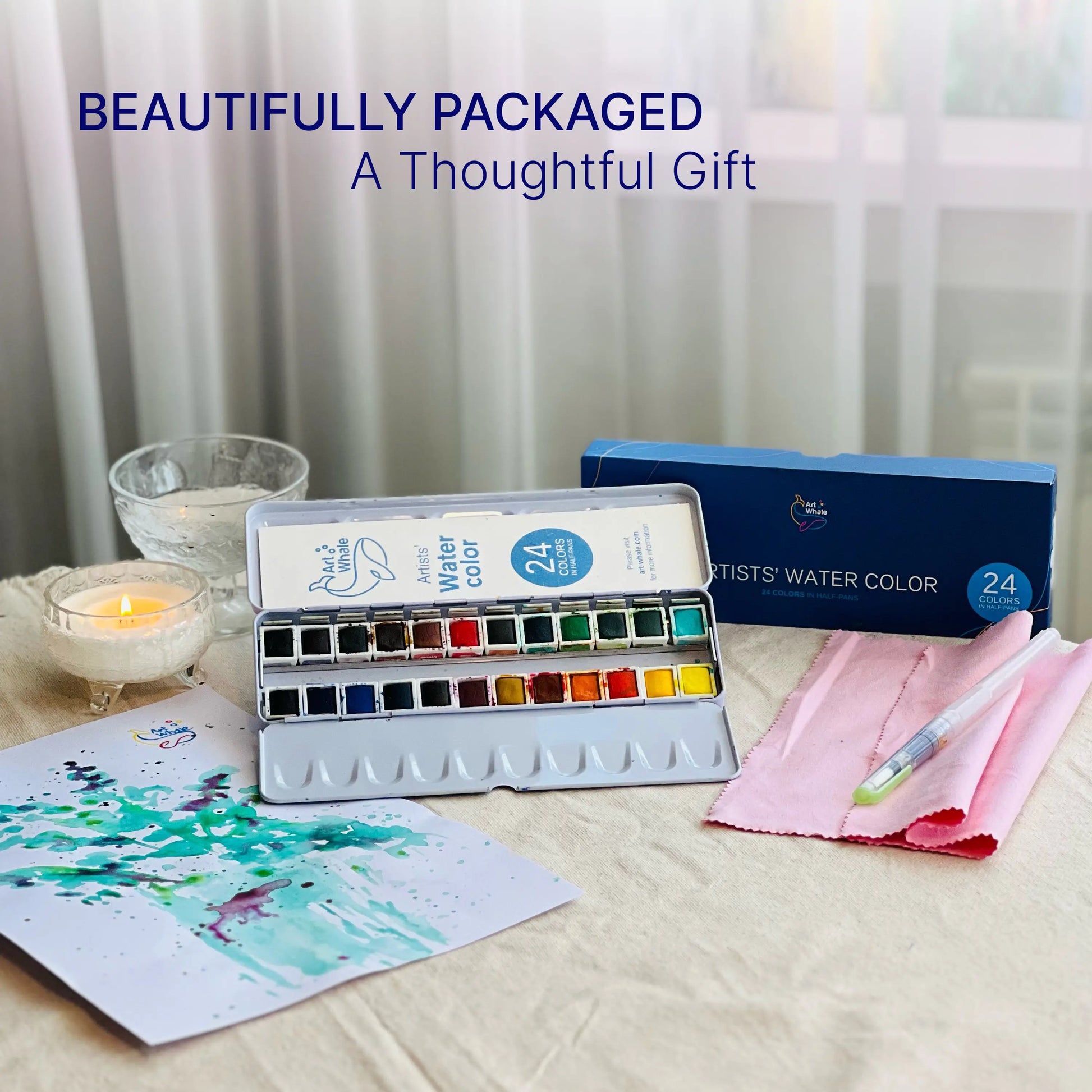 Art Whale Watercolor Paint Set – 24 Colors in Half Pans, Tin Box with Water Brush, High Pigment