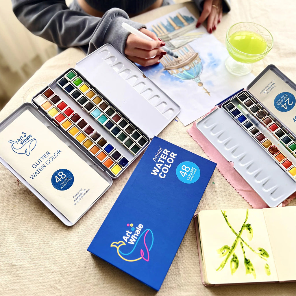 Art Whale Watercolor Paint Set – 24 Colors in Half Pans, Tin Box with Water Brush, High Pigment
