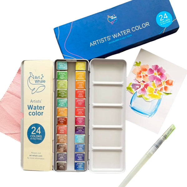 Art Whale Watercolor Paint Set – 24 Colors in Half Pans, Tin Box with Water Brush, High Pigment