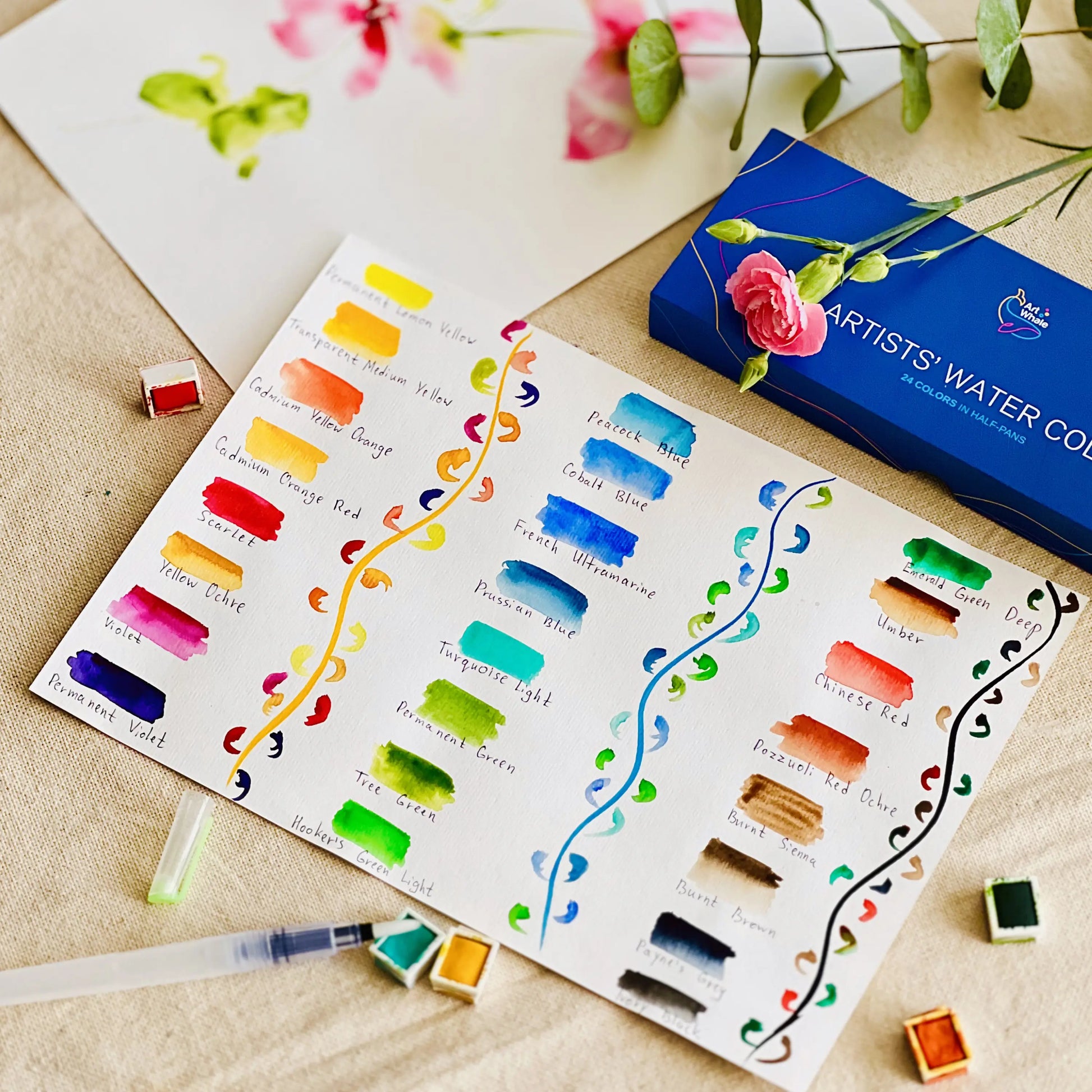 Art Whale Watercolor Paint Set – 24 Colors in Half Pans, Tin Box with Water Brush, High Pigment