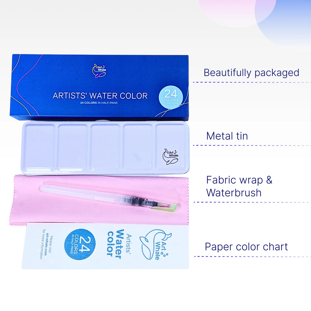 Art Whale Watercolor Paint Set – 24 Colors in Half Pans, Tin Box with Water Brush, High Pigment