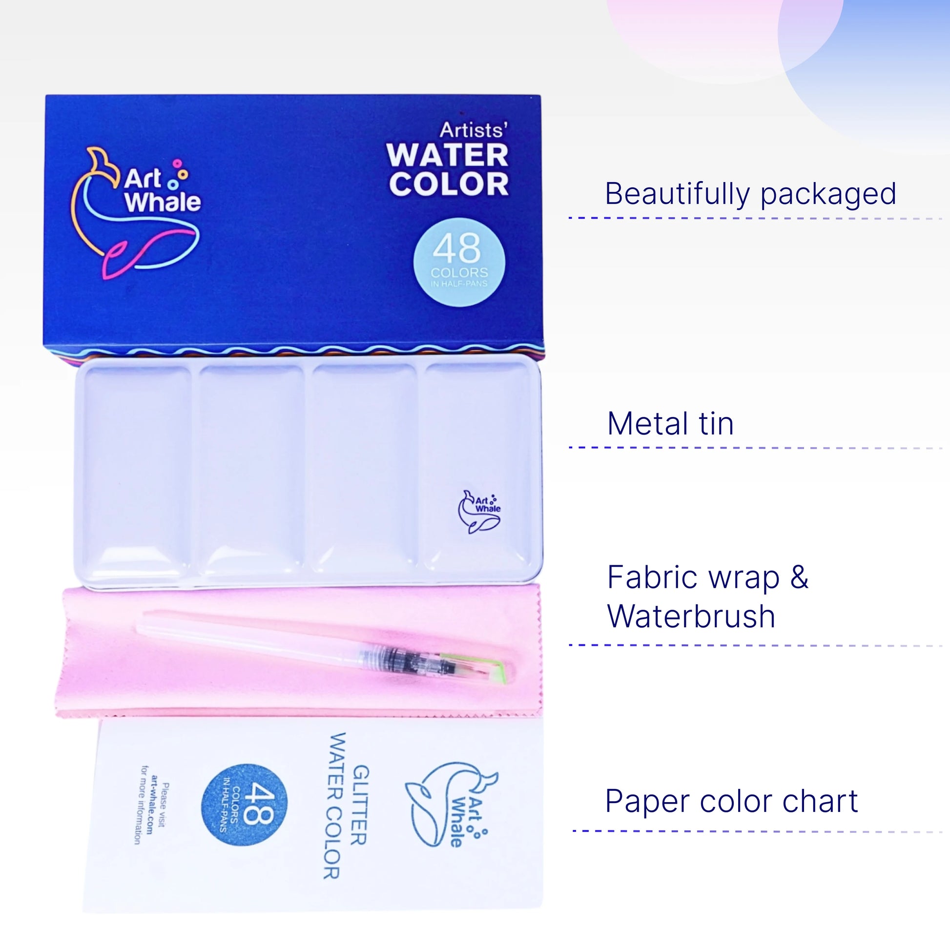 Art Whale Watercolor Paint Set – 48 Colors in Half Pans, Tin Box with Water Brush, High Pigment