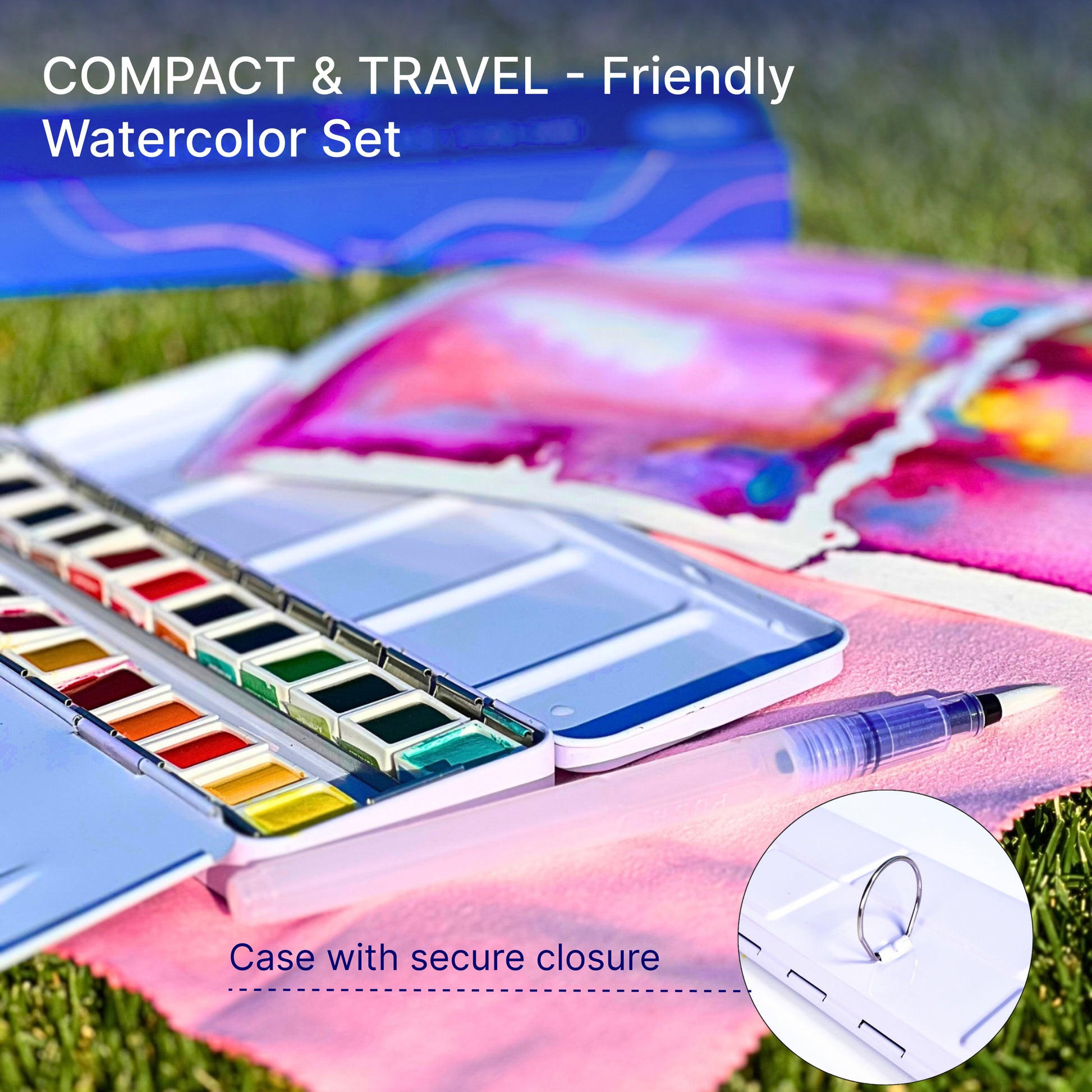 Watercolor Paint Set 24 Colors in Half-Pans|Tin Box & Waterbrush