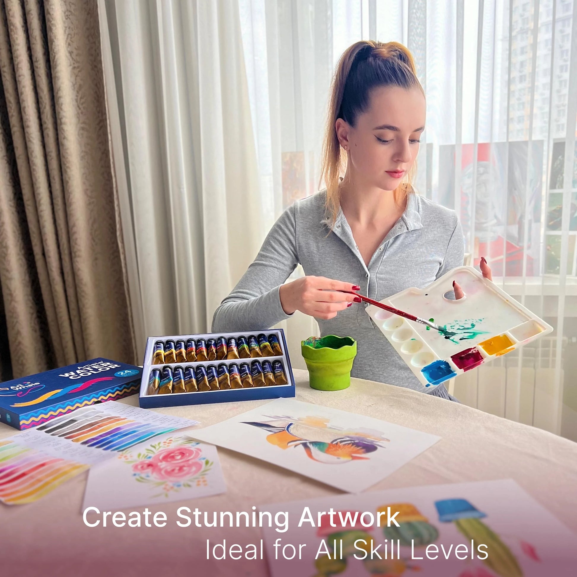 Art Whale Watercolor Paint Set – 24 Colors in 15ml Tubes, High Pigment, Easy Blending, Non-Toxic