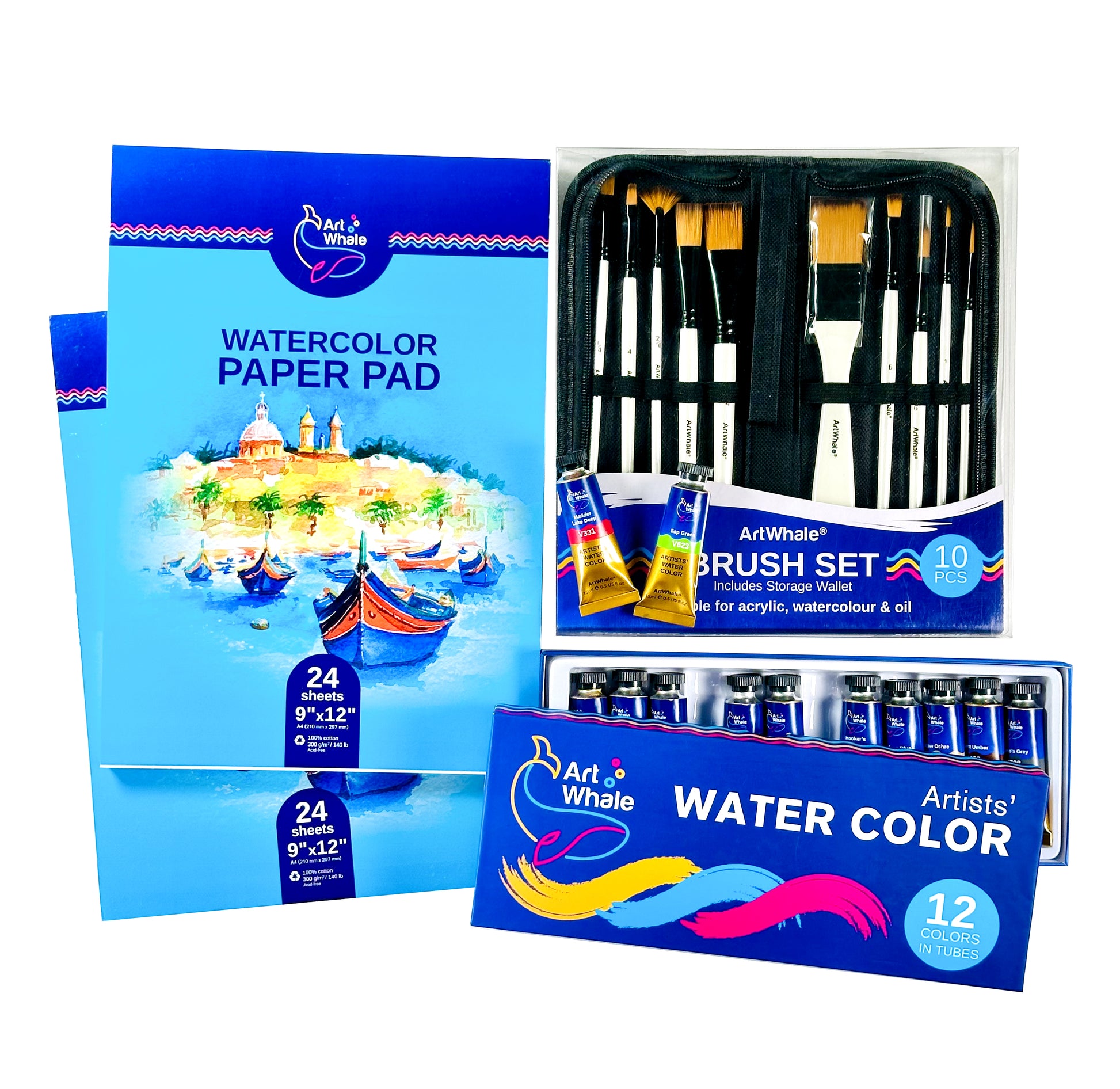 Art Whale Watercolor Painting Bundle – 12 Color Watercolor Paint Set in Tubes, 10 Paint Brushes in Case & 2 Cold Press Watercolor Paper Pads (48 Sheets), Complete Art Kit
