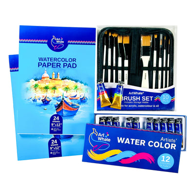 ArtWhale Watercolor Bundle – 12 Watercolor Tube Set, Brushes & 2 Paper Pads (48 Sheets)