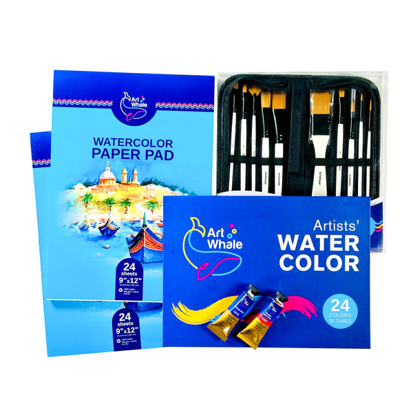 Art Whale Watercolor Bundle – 24 Watercolor Tube Set, Brushes & 2 Paper Pads (48 Sheets)